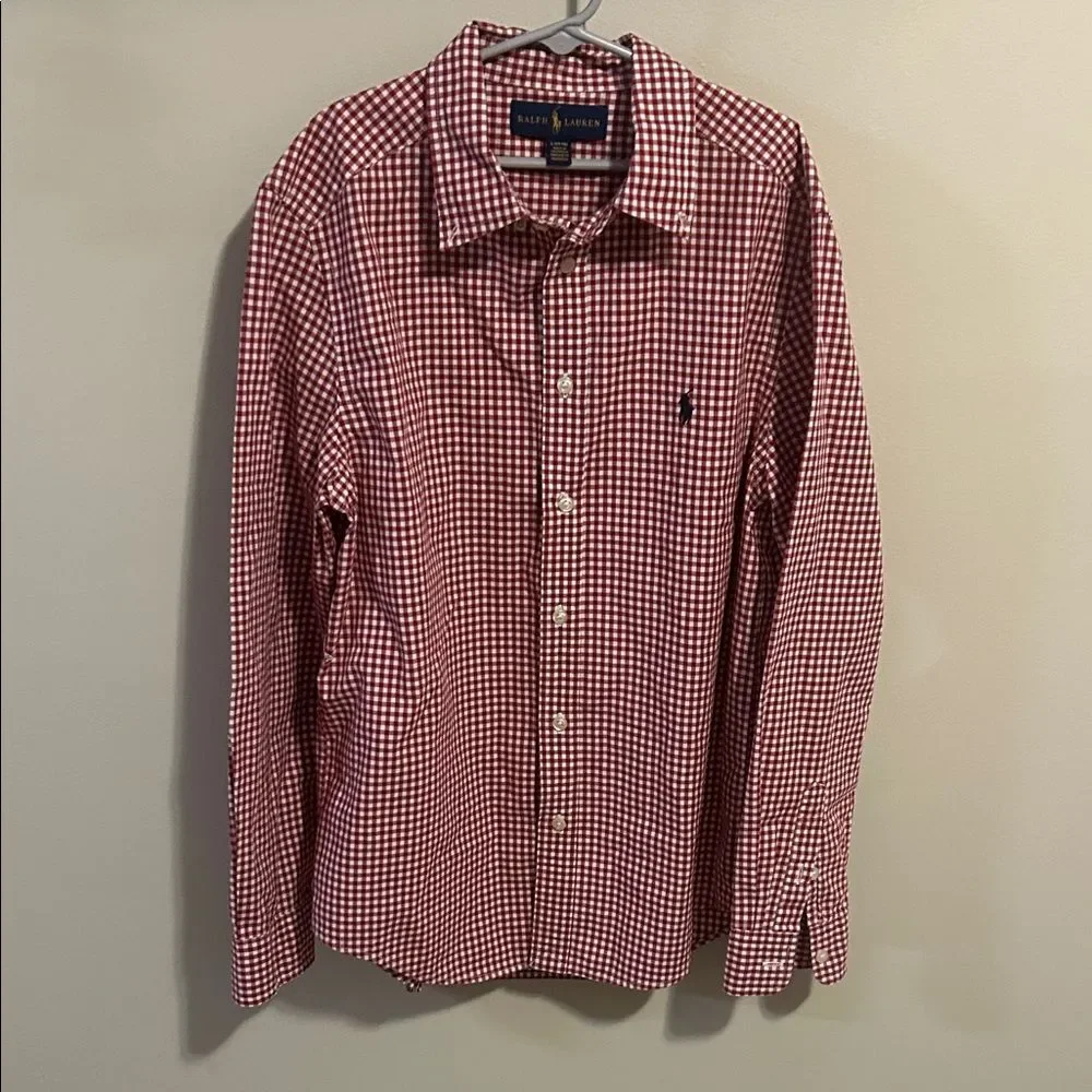 Ralph Lauren Boys Long Sleeve Button Down Shirt Red Check Pattern. Size Large